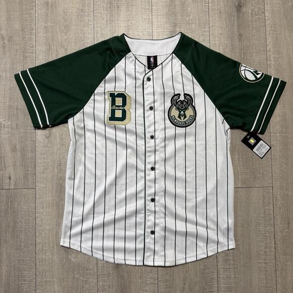 NBA Other - NBA Milwaukee Bucks White Green Baseball Style Jersey NWT Size M Men